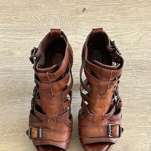 Frye Brown Leather Strappy Heeled Open Toed Booties
